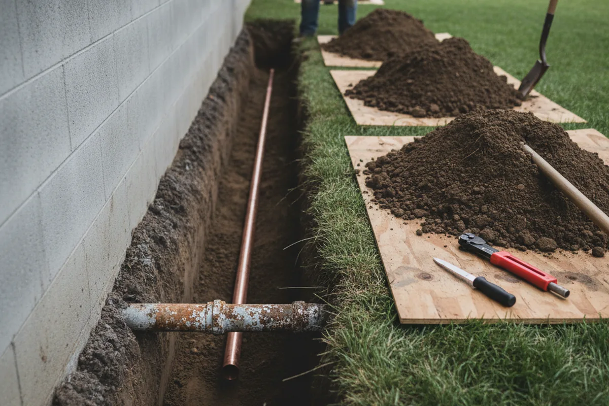 Excavated water line trench during Water Heater Repair in Leesville